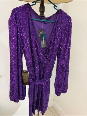 bebe Purple Sequin Wrap Long-Sleeve Dress